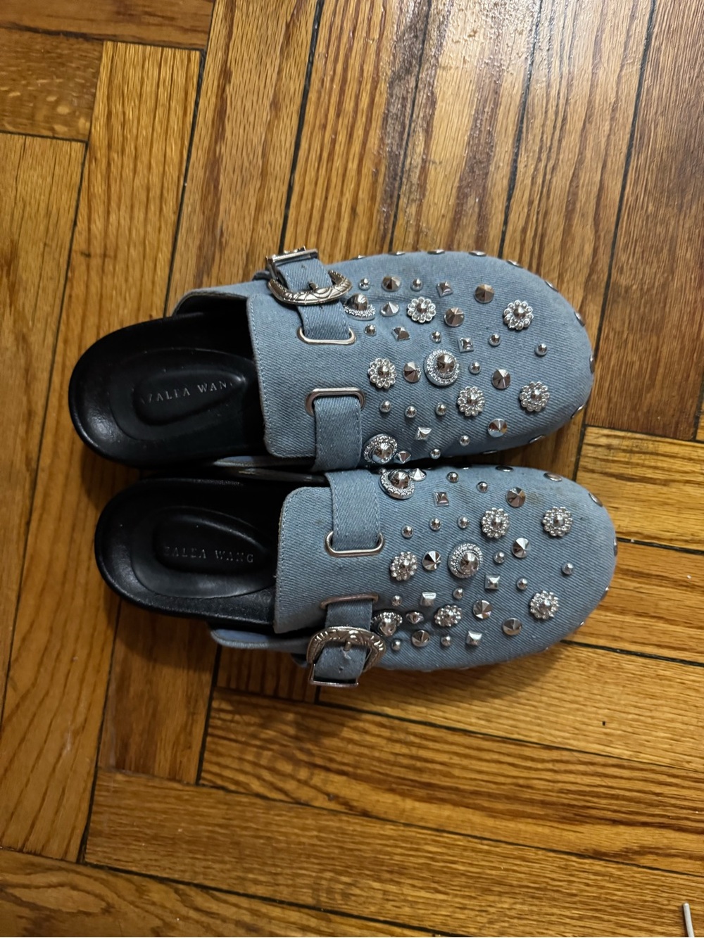 Studded Light Blue Denim Mule Clogs with Buckle Detail